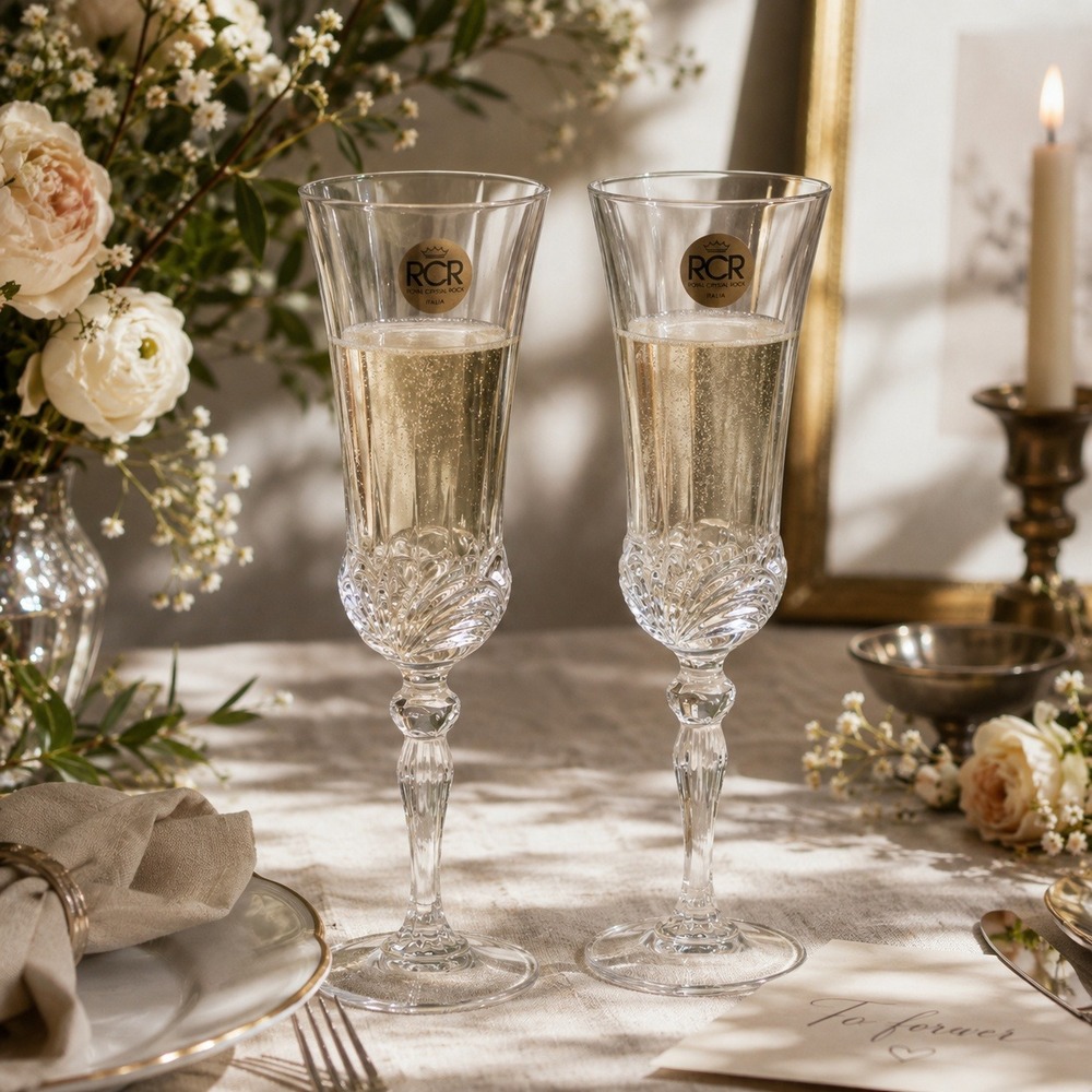 Vintage RCR Italian Crystal Champagne Flutes Pair Wedding Toasting Glasses